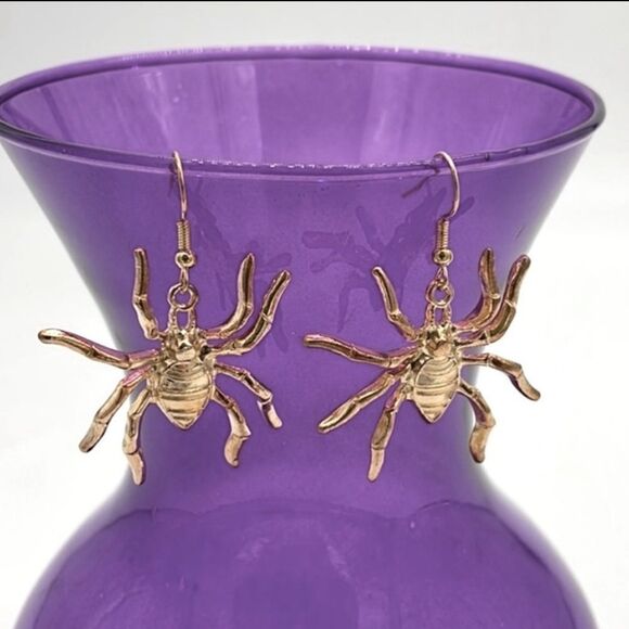Jewelry - 1 1/2” Goldtone Metal Spider Halloween Earrings